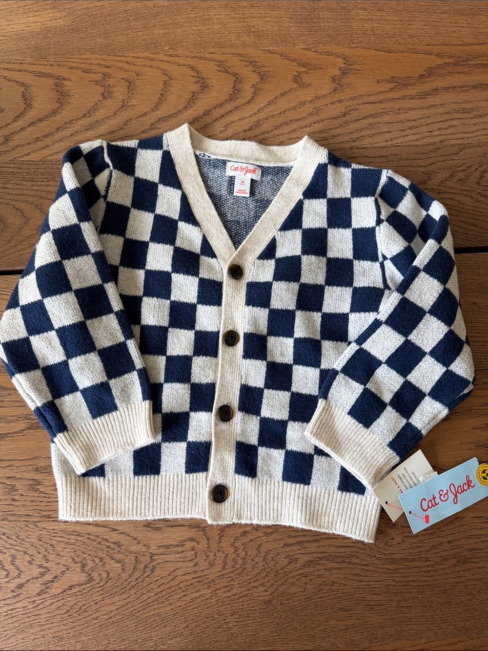 Cat & Jack Navy and Cream Checkered Kids Cardigan Sweater